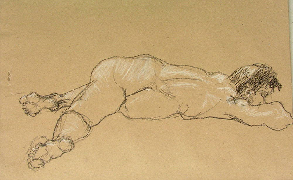 Nu masculin torsion dessin au crayon aquarellable